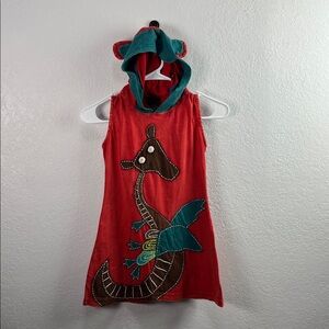 Rising International Youth Girls Red Teal Hood Dress dragon embroidered Sz 8